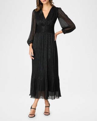 SHOSHANNA NWT $398 Clara Metallic V Neck Blouson-Sleeve Empire Midi Dress 2