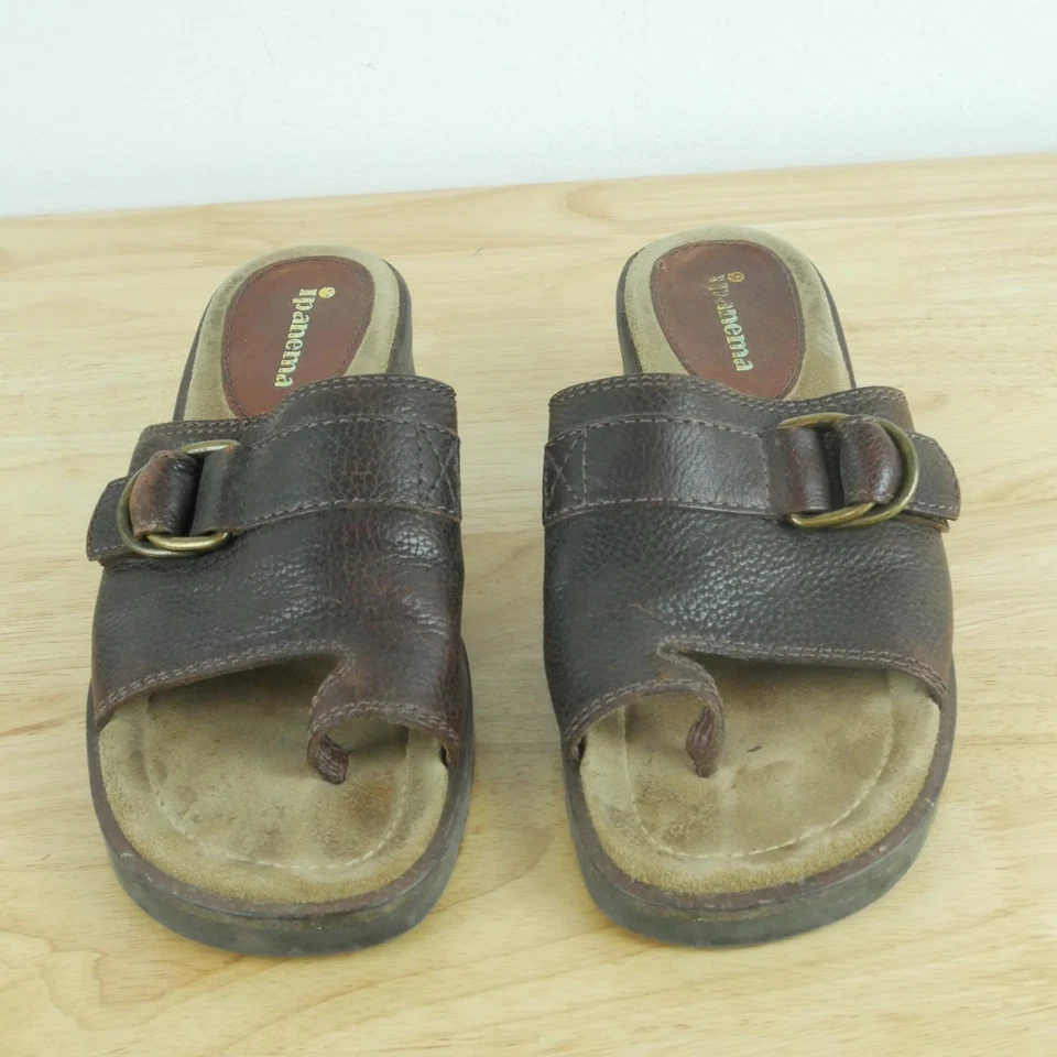 Vintage 7 1/2 Sandals Chunky Heel Slides Toe Loop Buckle Brown Leather Y2K Boho - Image 4 of 4