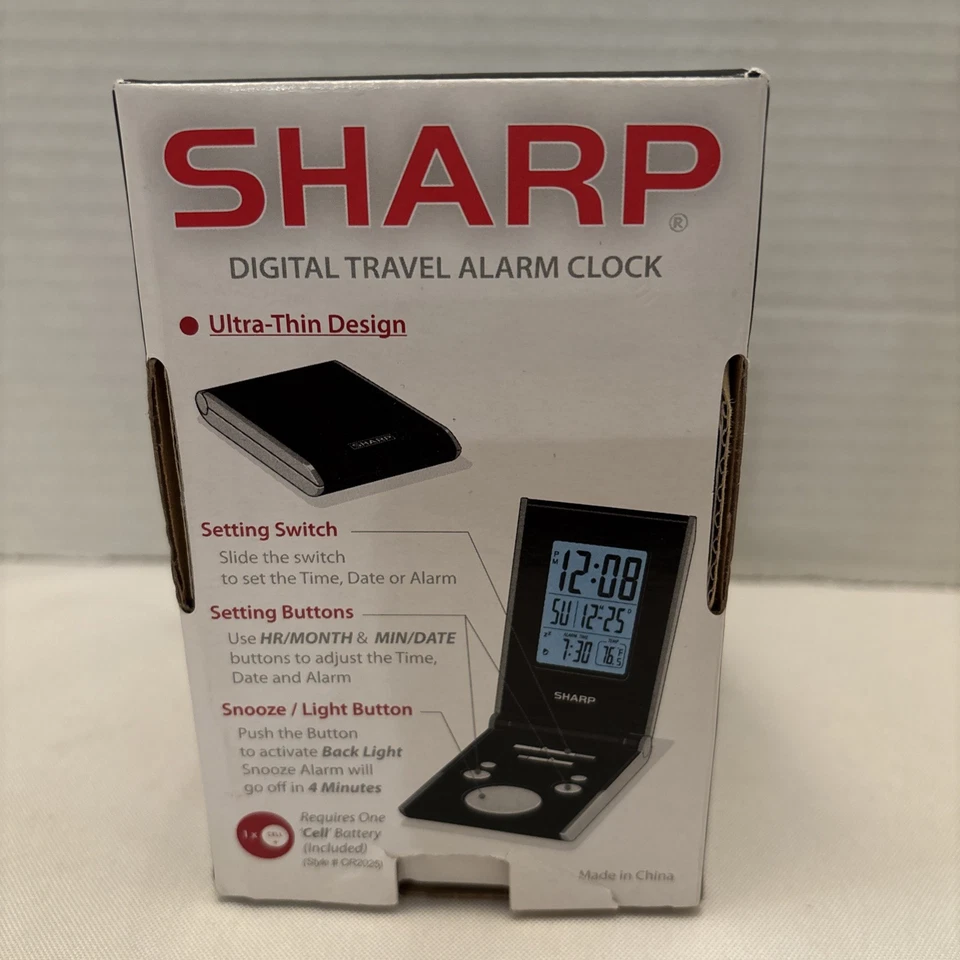 Sharp Tech LCD Travel Alarm Clock Ultra-Slim Design Folding Case Black Unopened - Image 3 of 4