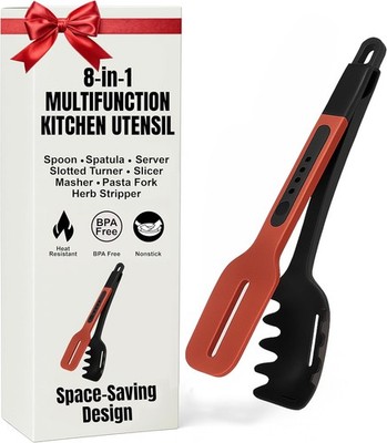 8-in-1 Silicone Kitchen Utensil Turner Spatula Spoon Tongs for Red + Black 