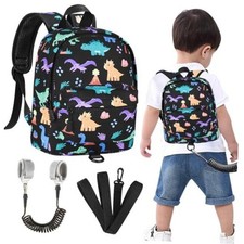 Toddler Backpack with Leash, Cute Dinosaur Black/Volcanic Dino, Black Link