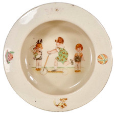 Children Playing Baby Dish Bowl Feeding Czech Art Pottery 27 Antique