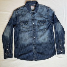 Levis Denim Shirt Pearl Snap M Medium Button Down Blue Faded Long Sleeve Western