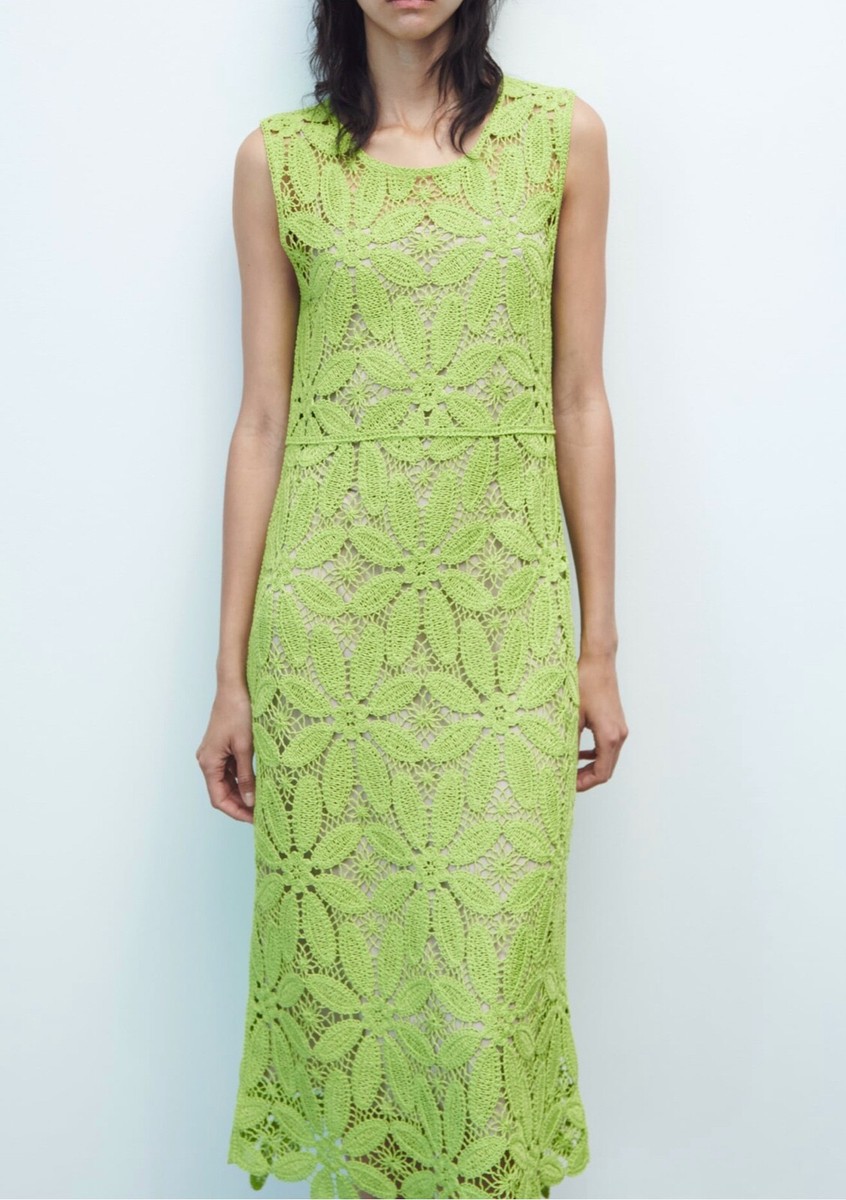 NKNIT macrame 2WAY dress グリーン ZARA NWT size S, M LIGHT GREEN MACRAMÉ CROCHET KNIT MIDI