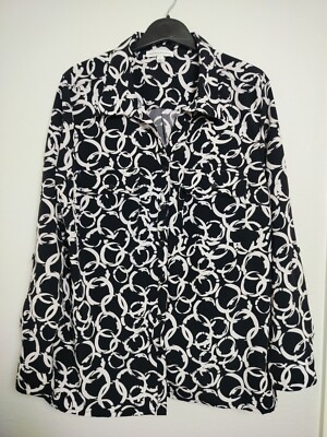 OfficeCorpSiren-Whimsigoth Notations Button Up Black White Circle links Blouse L