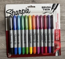 Sharpie Permanent Twin Brush Markers 12/Pkg-Assorted Colors NIB Free Shipping