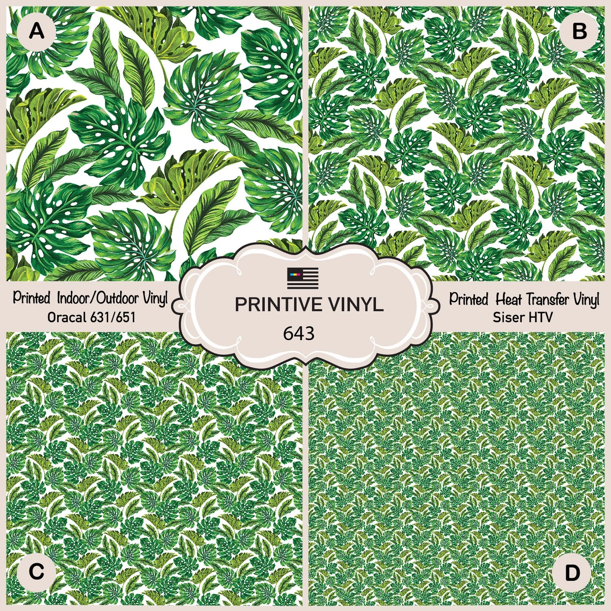 Green Tropical Leaves Patterned Iron on Printed HTV Oracal Adhesive Vinyl 643