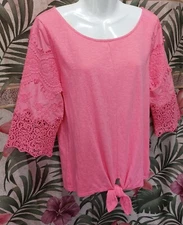 Talbots 100% Cotton 3/4 Lace Embroidered Sleeve Pullover With Bottom Tie Coral S