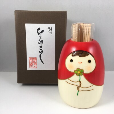 Japanese Usaburo 3''H Toothpick Holder Honnori Kokeshi Wooden Doll Made in Japan