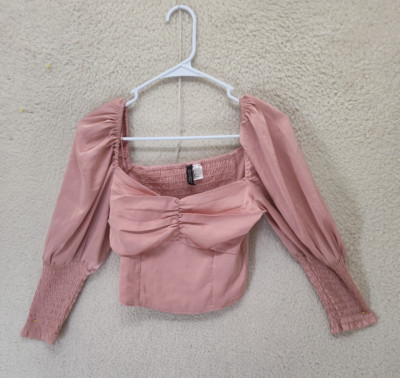 H M Divided Women Top Small Pink Poly Blend Ruched 3/4 Sleeve Cropped Blouse