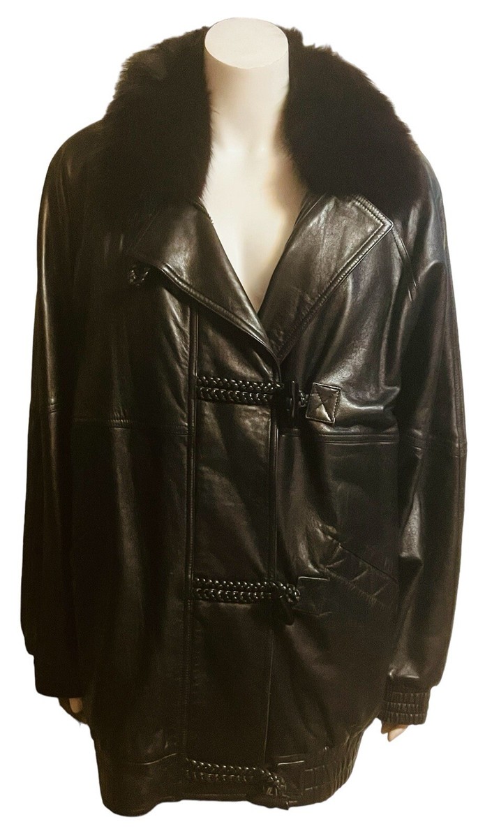 Vintage GIVENCHY Fourrure Black Leather Coat Fur Collar Removable