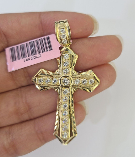 REAL 14k Yello Gold Cross Charm Pendant Jesus Christ CZ 2" Diamond Cut For Mens