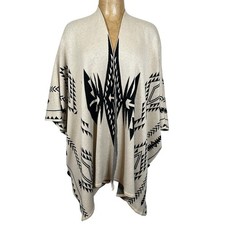 Southwestern Aztec Print Poncho Wrap Cream Black OS Native Tribal Western