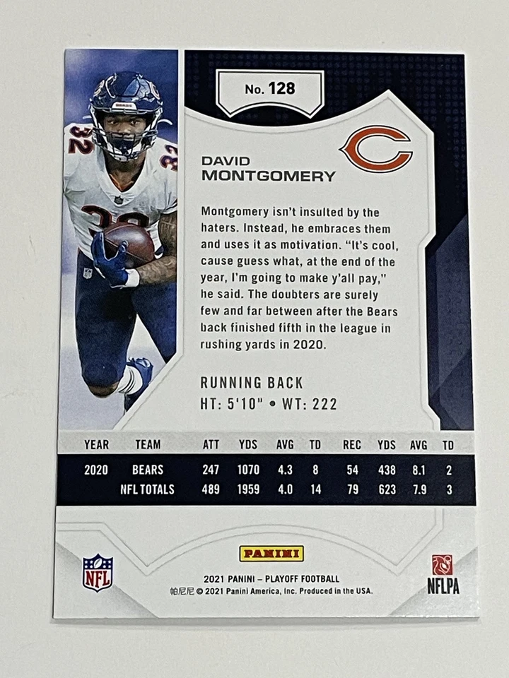 2021 Panini Playoff Football #128 - David Montgomery - Chicago Bears - Image 2 of 2