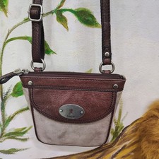 FOSSIL Crossbody Small Maddox Leather Silver Beige Shimmer- Brown Flap w Keyhole
