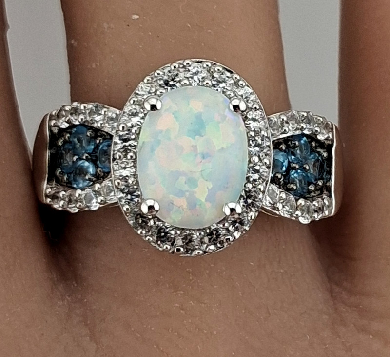 Sterling Silver Opal Ring With White Topaz Halo & Aqua Color Stones Size 8