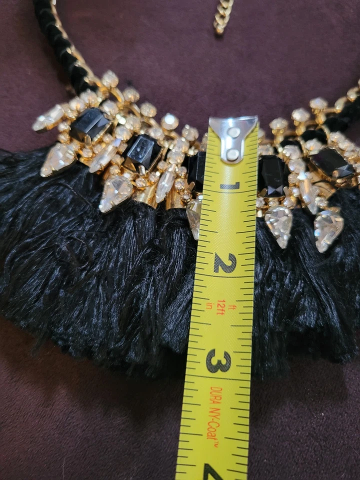 Gargantilla babero flecos de cristal con cuentas negras collar boho cadena dorada borla Foto 4 de 4