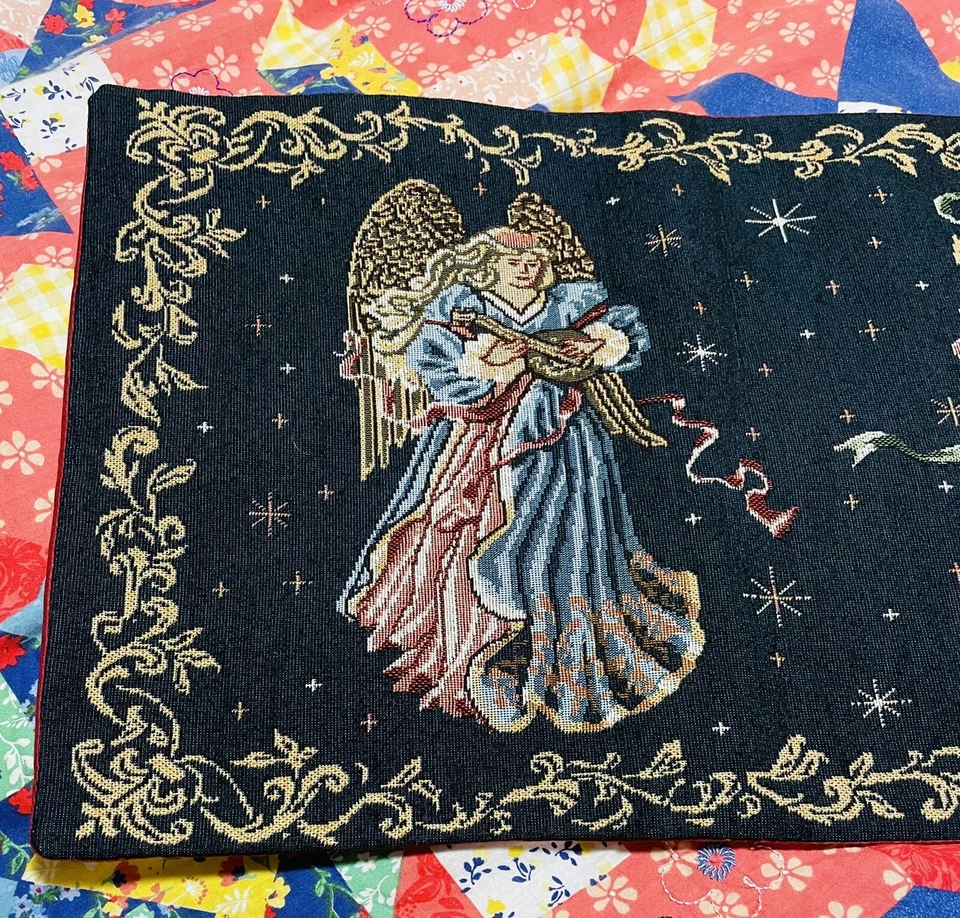 Tapeçaria de anjo decoração corredor de mesa instrumentos de tocar vintage azul marinho Borgonha - Imagem 3 de 4