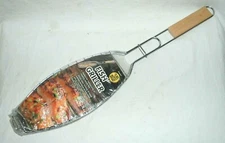 FISH GRILLER OVAL BBQ NONSTICK FISH GRILL BASKET ROASTER FOLDING W/WOOD HANDLE