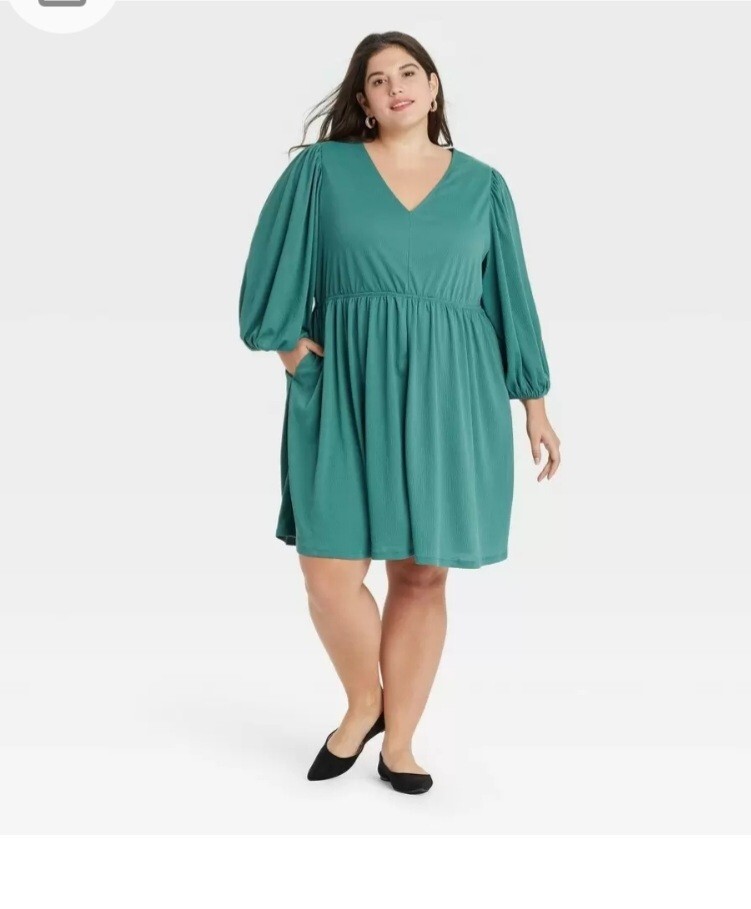 Women' Plus size Long Sleeve Knit Babydoll Dress- Ava & Viv- Green- Size: X(14W) Women' Plus size Long Sleeve Knit Babydoll Dress- Ava & Viv- Green- Size: X(14W)