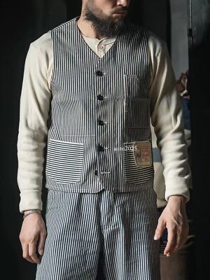 Rugged Bronson Heritage Railroad Vest Blue White Hickory Stripes Waistcoat Men