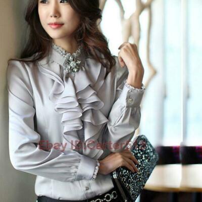 Career Long Sleeves Formal Tops High Neck Frilly Ruffle Womens Shirt Blouse dff