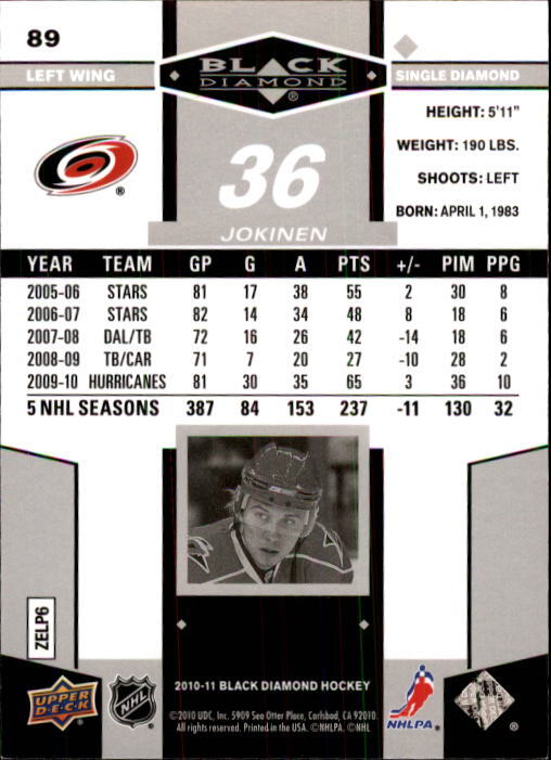 2010-11 Upper Deck Black Diamond Hockey #89 Jussi Jokinen - Picture 2 of 2