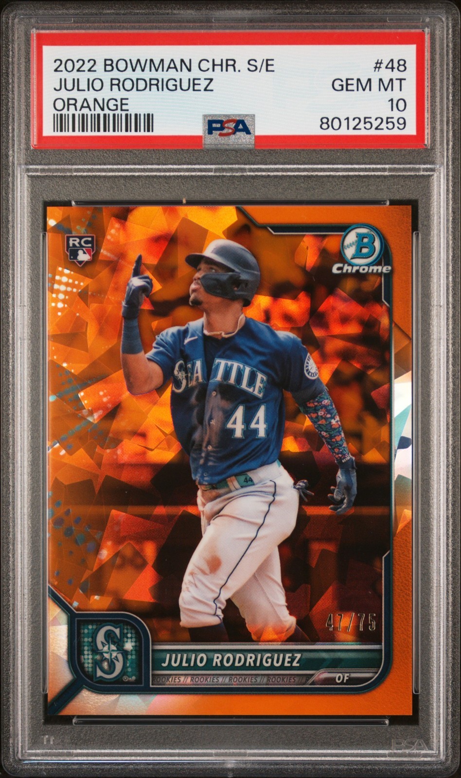 2022 Bowman Chrome Sapphire JULIO RODRIGUEZ #48 RC Orange Refractor /75 PSA 10