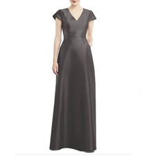 NWT Alfred Sung Caviar Gray Cap Sleeve V-Neck Satin Gown Size 0