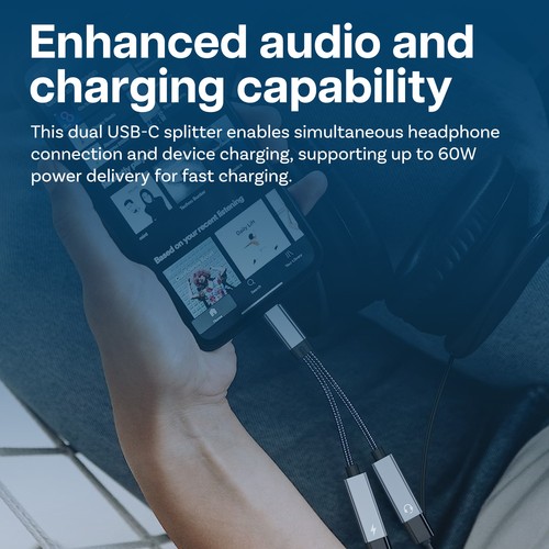 Dual USB-C Splitter Headphone and Charger Adapter, 16 Bit / 60W 2-in-1 Splitter - Picture 4 of 5