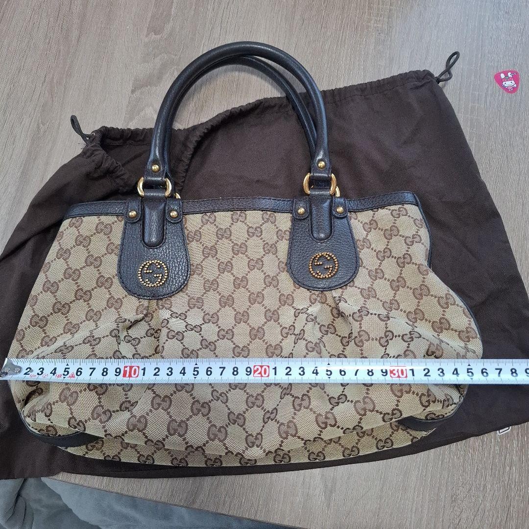 Gucci Tote Bag Frill Design Canvas Leather Beige Dark Brown Near Mint thumbnail 9