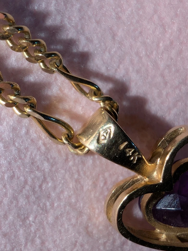 14k Gold Chain Bracelet w/ Amethyst Heart Antique Acme Co. Inc. Marked C. 1943 - Image 4 of 4