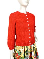 Vintage 70's Red Chunky Knit Crochet Sweater Holly Hobbie 3/4 Sleeves Size S/M