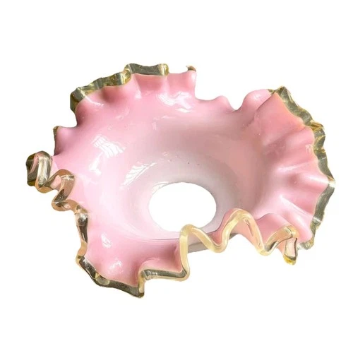 Antique Pink Milk Glass Bobeche Clear Ruffled Edge 4.5” Victorian Lamp Part MINT