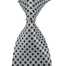 New Luxury Plaid Check Gray White Jacquard Woven Silk Fashion Men's Tie Necktie