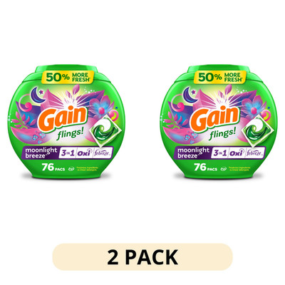 2 Pack Gain Flings Laundry Detergent Pods 76 Count Oxi Boost Febreze Moonlight
