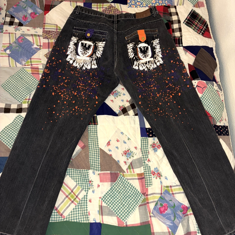 Attitude Gold Black Baggy Wide Leg Splatter Embroidered Jeans Size 36x32 Y2K