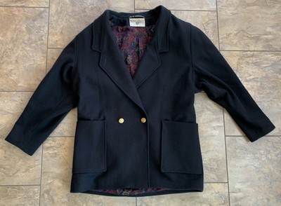 Vintage International Scene Wool Blazer Coat Black Women's 13/14 Gold Buttons