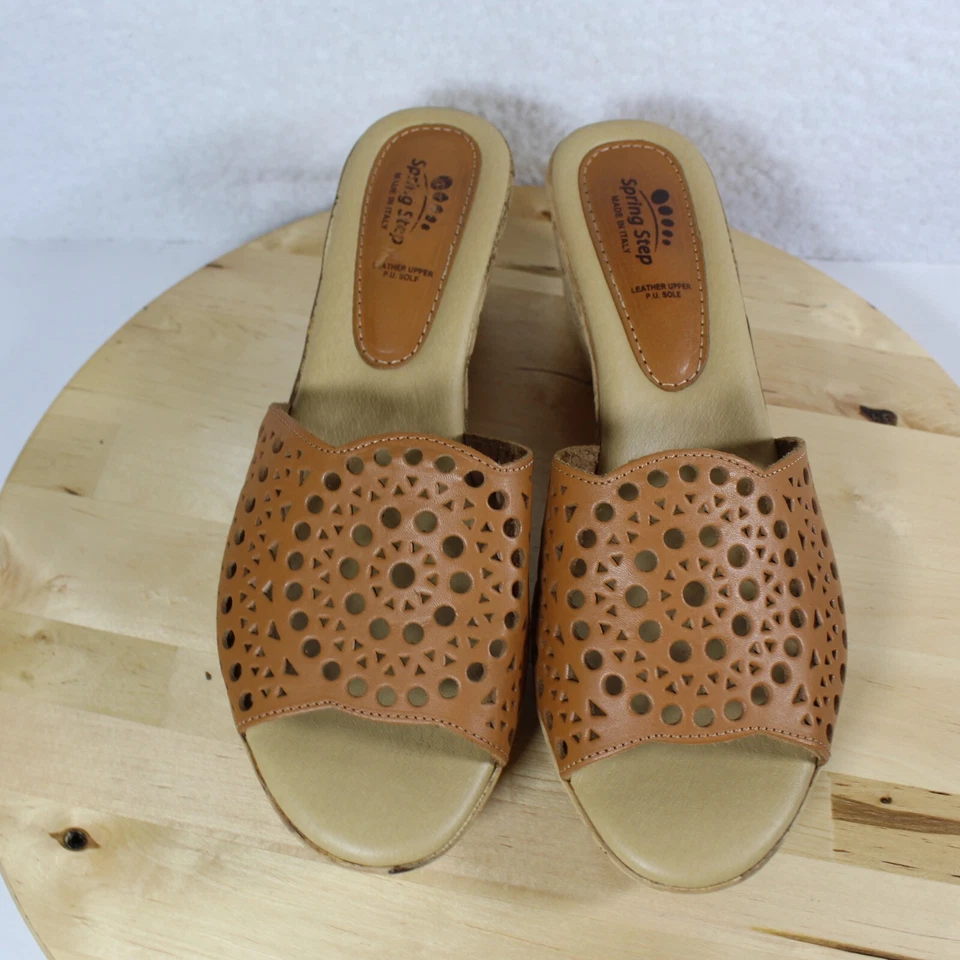 Spring Step Wedge Sandal 41 Women 9.5 Brown Leather Cutout Slip On Comfort Italy - Image 3 of 4