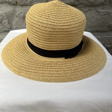 Deena & Ozzy Women’s O/S 100% Paper Straw Beach Sun Hat Wide Brim Black Tie Nice