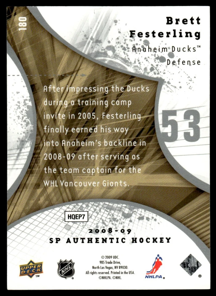 2008-09 SP AUTHENTIC FUTURE WATCH Brett Festerling Rookie Anaheim Ducks #180 - Image 2 of 2