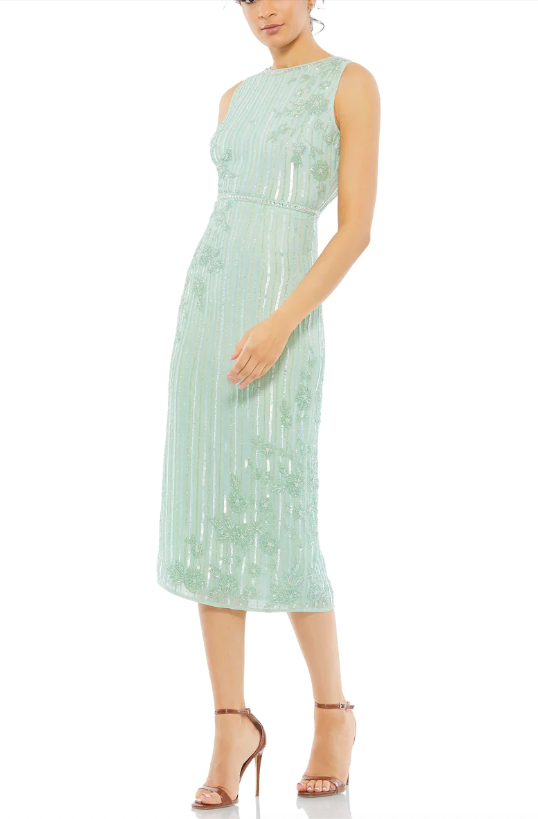 ☆Mac Duggal 花柄ビーズ 長袖プリーツシフォンドレス MAC DUGGAL 70260 SEQUIN STRIPE & FLORAL SEAFOAM SHEATH MIDI