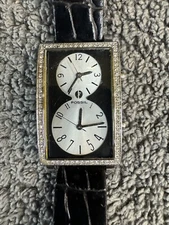 Fossil Quartz Watch FA-1557 Women Black Dual Time Rectangle Leather, NEW BATTERY
