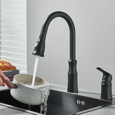 Black Kitchen Sink Faucet Pull Out Sprayer Swivel Mixer Faucet 2Holes Deck Mount