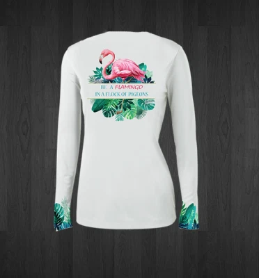 JESSIE JESSUP APPAREL Ladies WHITE V-Neck Flamingo Performance Fishing Shirts