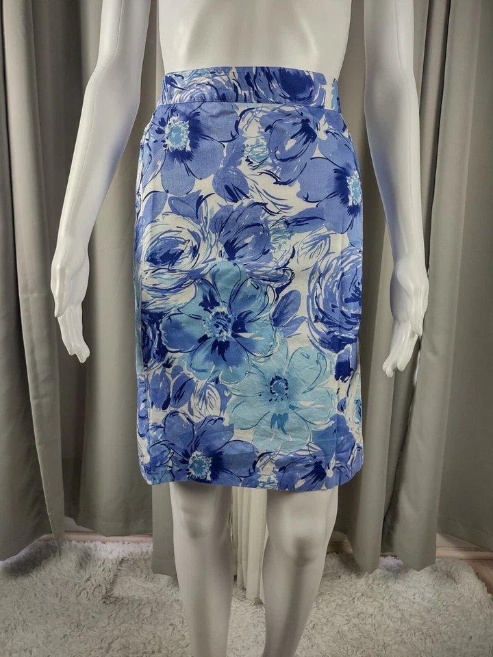 Falda lápiz Van Heusen para mujer 100 % algodón azul, blanca floral cremallera trasera, talla 8 Foto 2 de 4