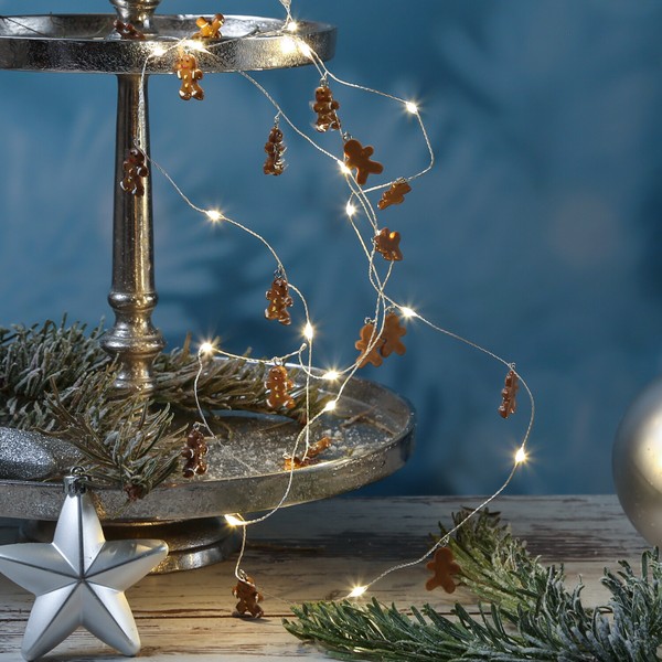 Led Lichterkette Mit Lebkuchenfigur 20 Led Silberdraht Timer Weihnachtsdeko-image