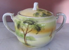 Hand painted Nippon Creamer Cream & Sugar w/ Lid Set Lake Trees Sailboat Sunset — photo 2