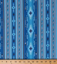 Cotton Southwestern Feathers Arrows Blue Red Striped Fabric Print BTY D471.41