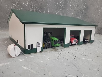1/64 Custom scratch built 60x80 building  Forest Green & White 3 Door With Floor